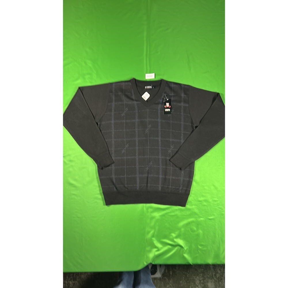 Kemistry Mens V-Neck Graphic Grid Pattern Sweater Charcoal Grey Large NWT